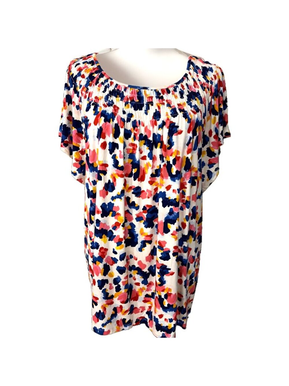 Style & Co Smocked Neck Knit Peasant Top Tee Size XL Colorful Abstract Print